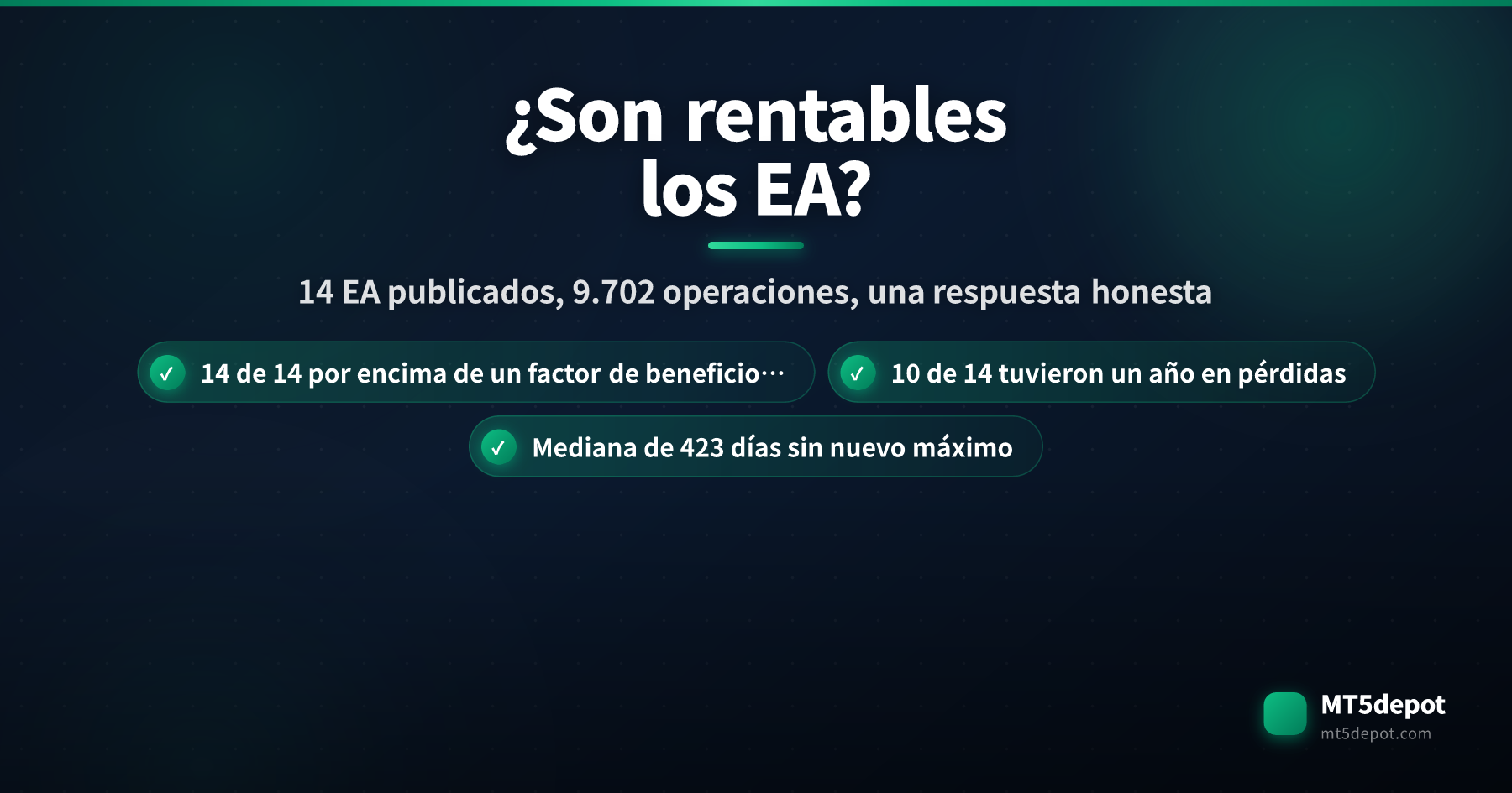 Tarjeta de portada que pregunta si los expert advisors son rentables, con 14 de 14 EA publicados por encima de un factor de beneficio de 1 en el backtest sobre 9.702 operaciones cerradas