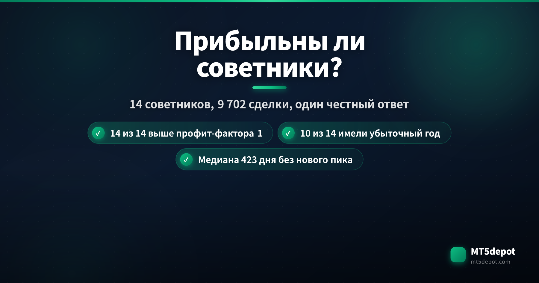 Заглавная карточка с вопросом, прибыльны ли советники, где 14 из 14 опубликованных советников имеют профит-фактор выше 1 на 9 702 закрытых сделках