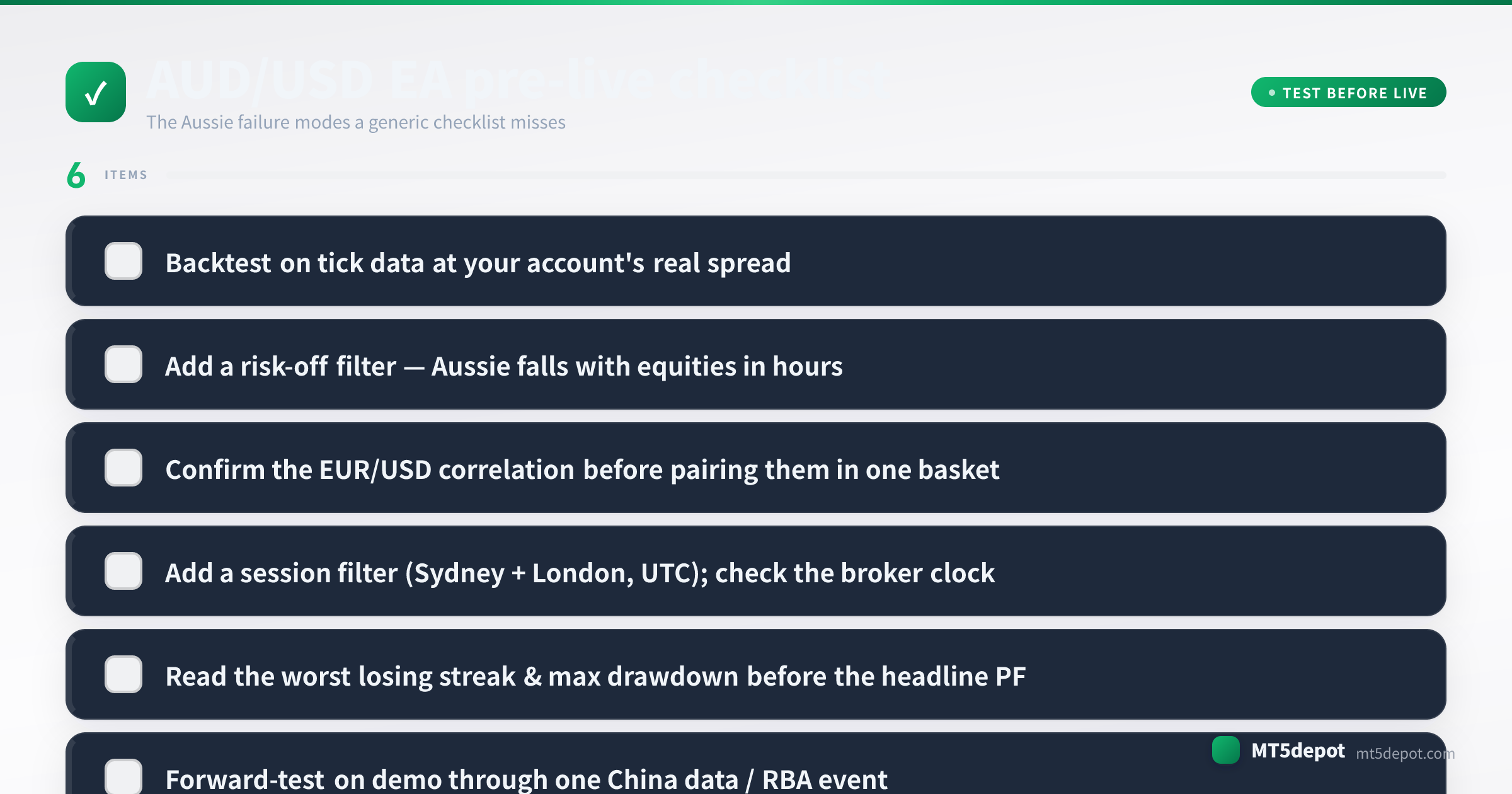 Pre-live checklist for a AUD/USD EA covering tick-data backtest, sizing, session filter and drawdown