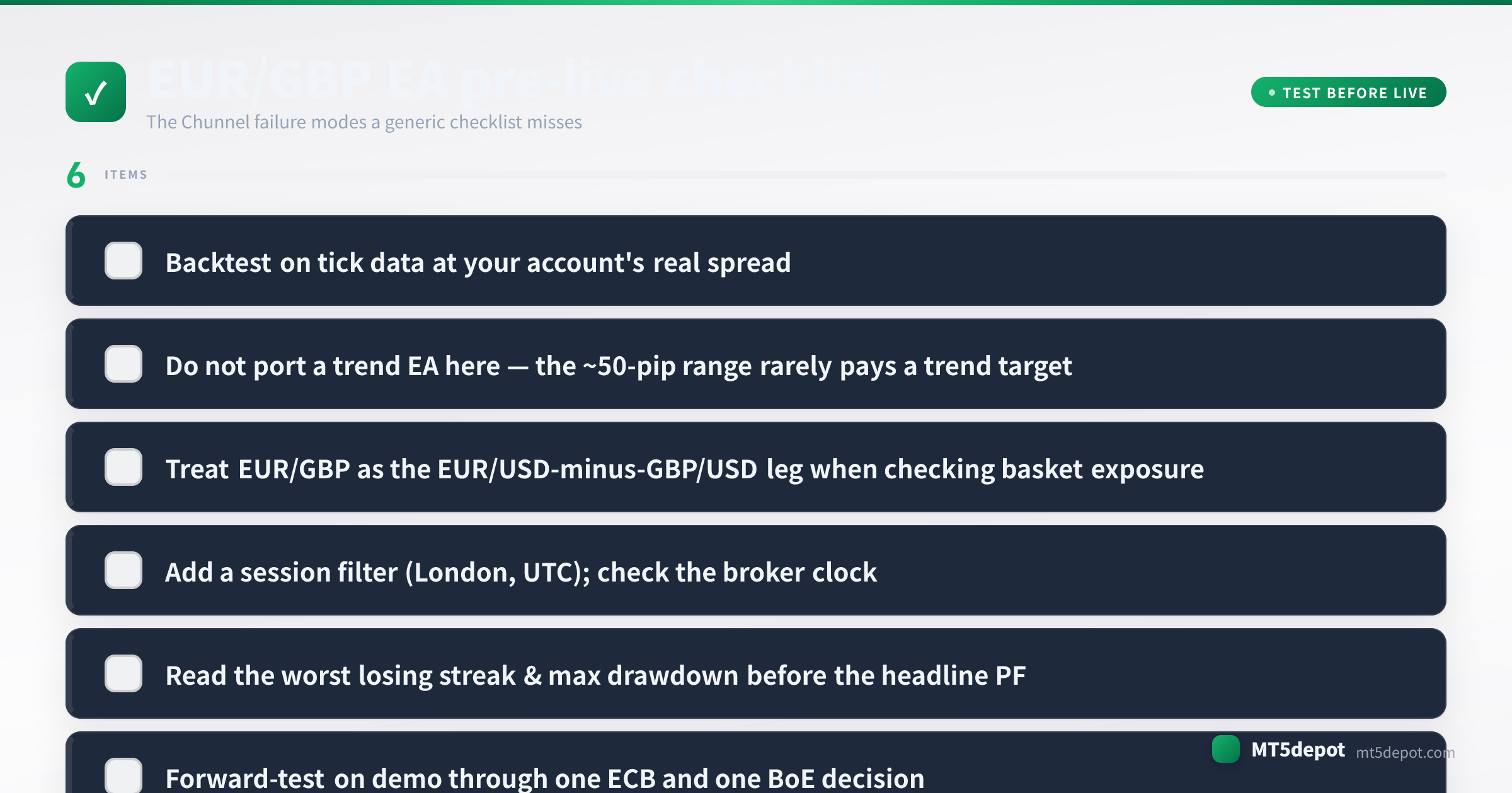Pre-live checklist for a EUR/GBP EA covering tick-data backtest, sizing, session filter and drawdown