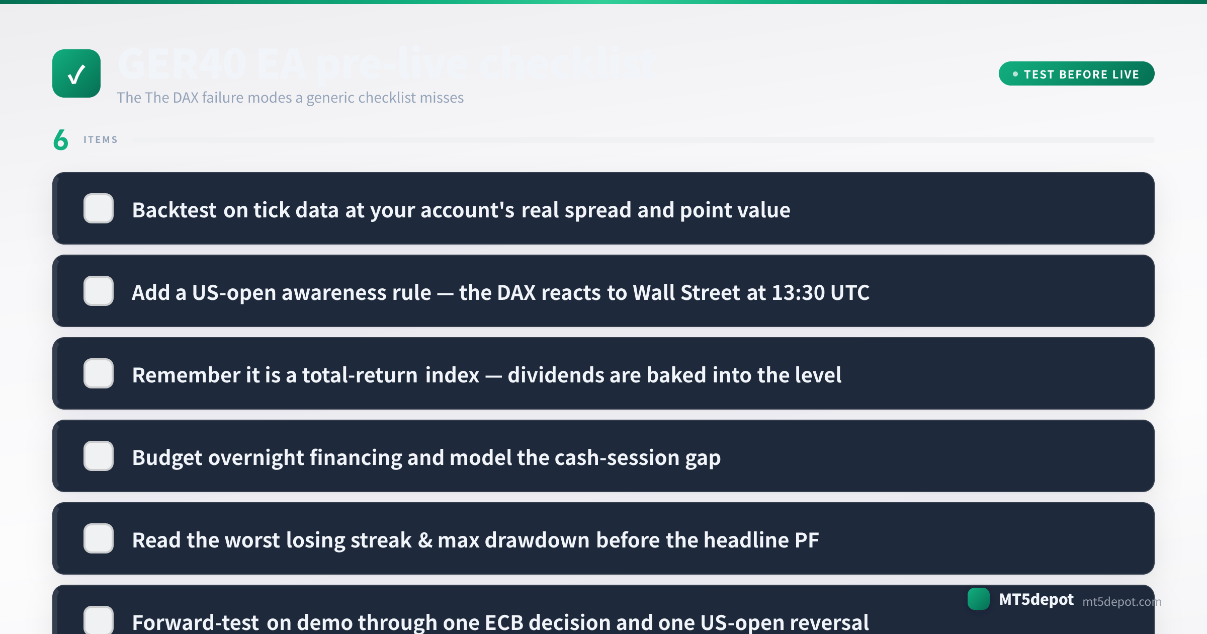 Pre-live checklist for a GER40 EA covering tick-data backtest, sizing, session filter and drawdown