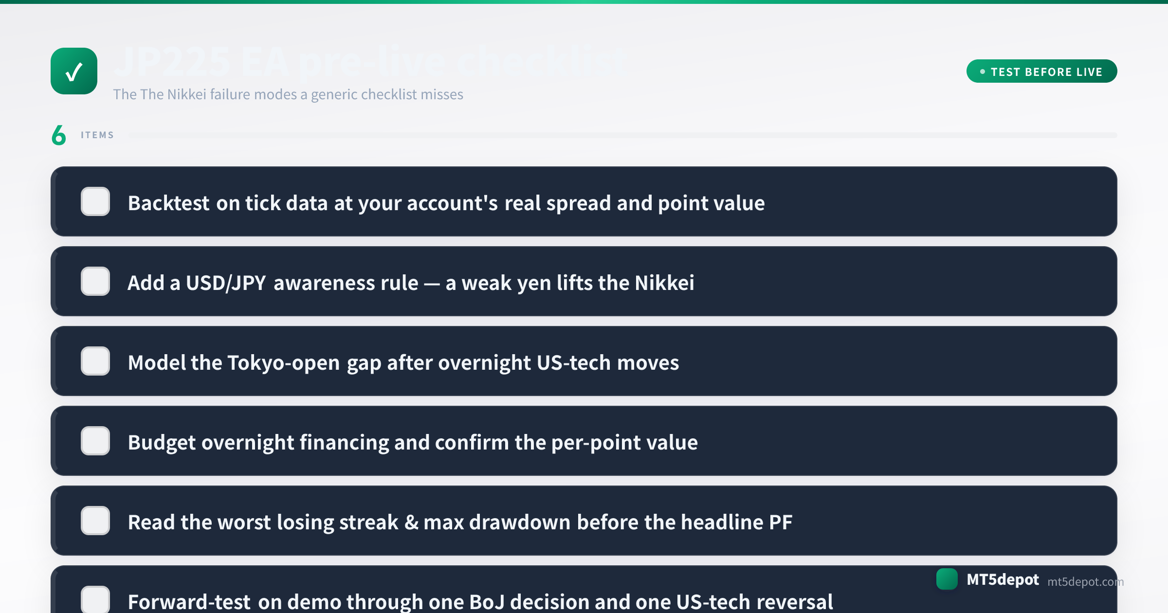 Pre-live checklist for a JP225 EA covering tick-data backtest, sizing, session filter and drawdown
