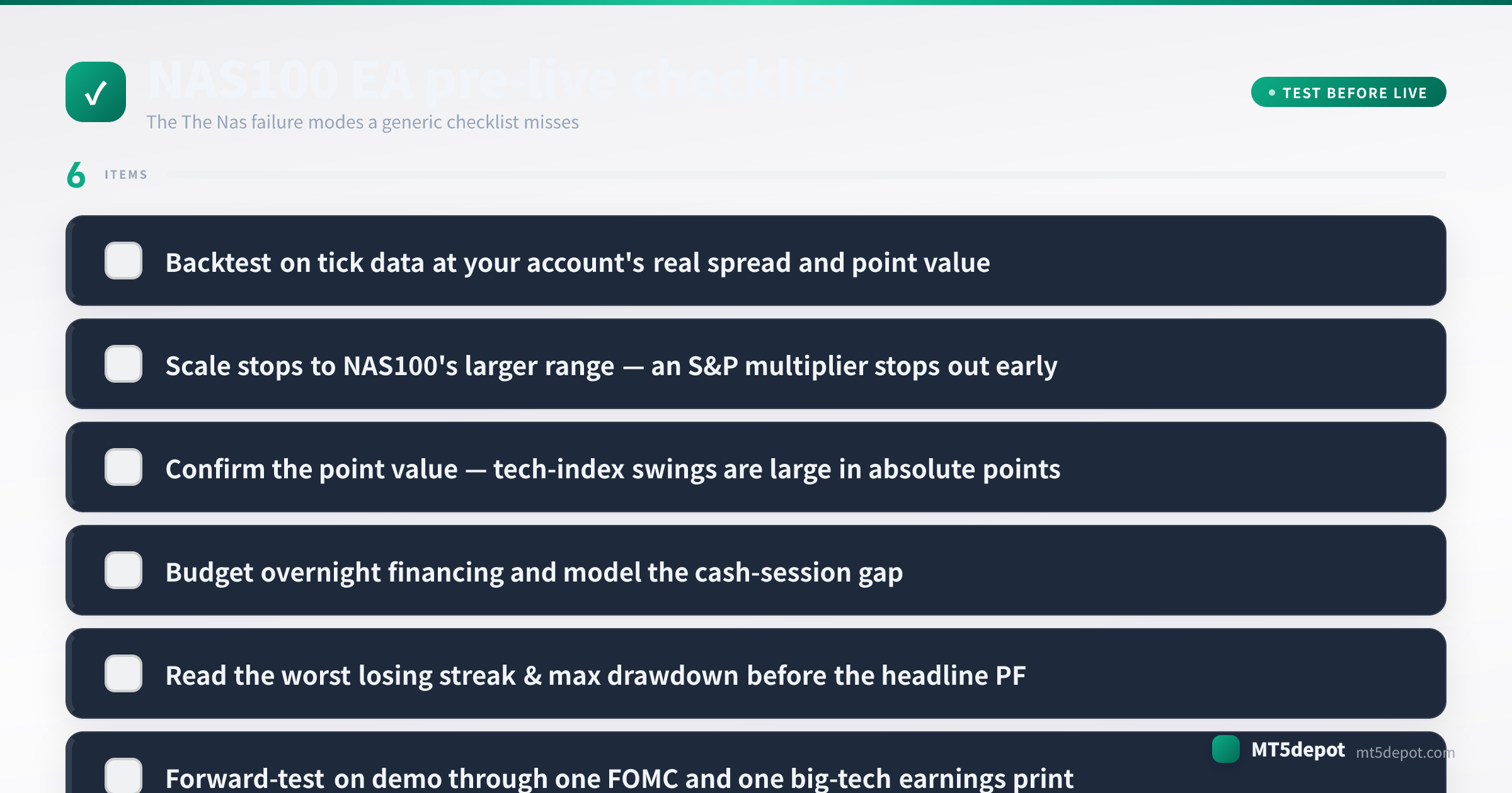 Pre-live checklist for a NAS100 EA covering tick-data backtest, sizing, session filter and drawdown