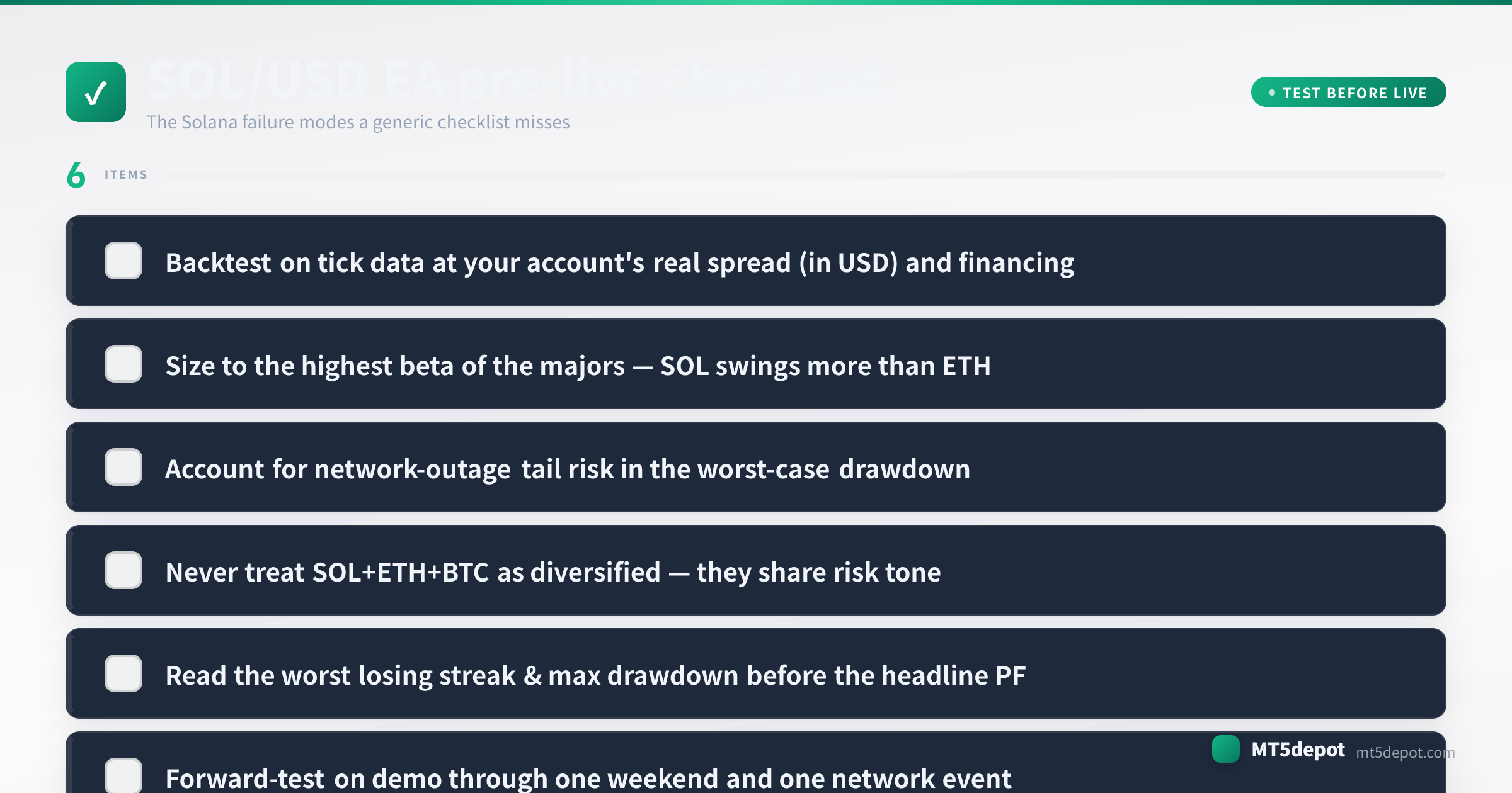 Pre-live checklist for a SOL/USD EA covering tick-data backtest, sizing, session filter and drawdown
