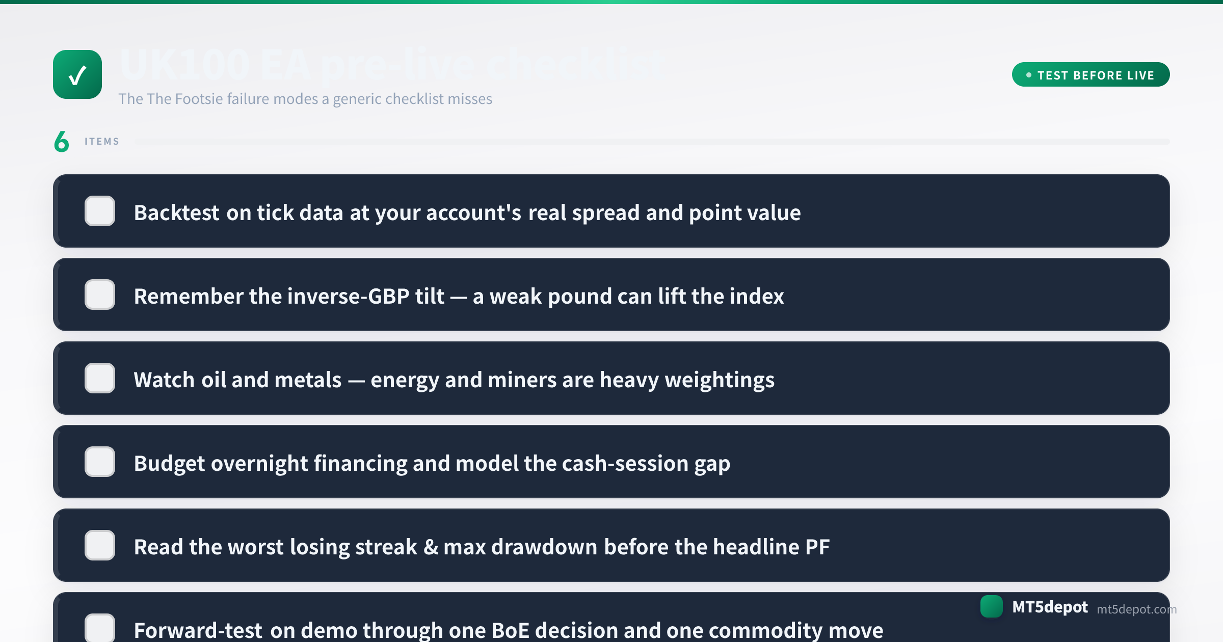 Pre-live checklist for a UK100 EA covering tick-data backtest, sizing, session filter and drawdown