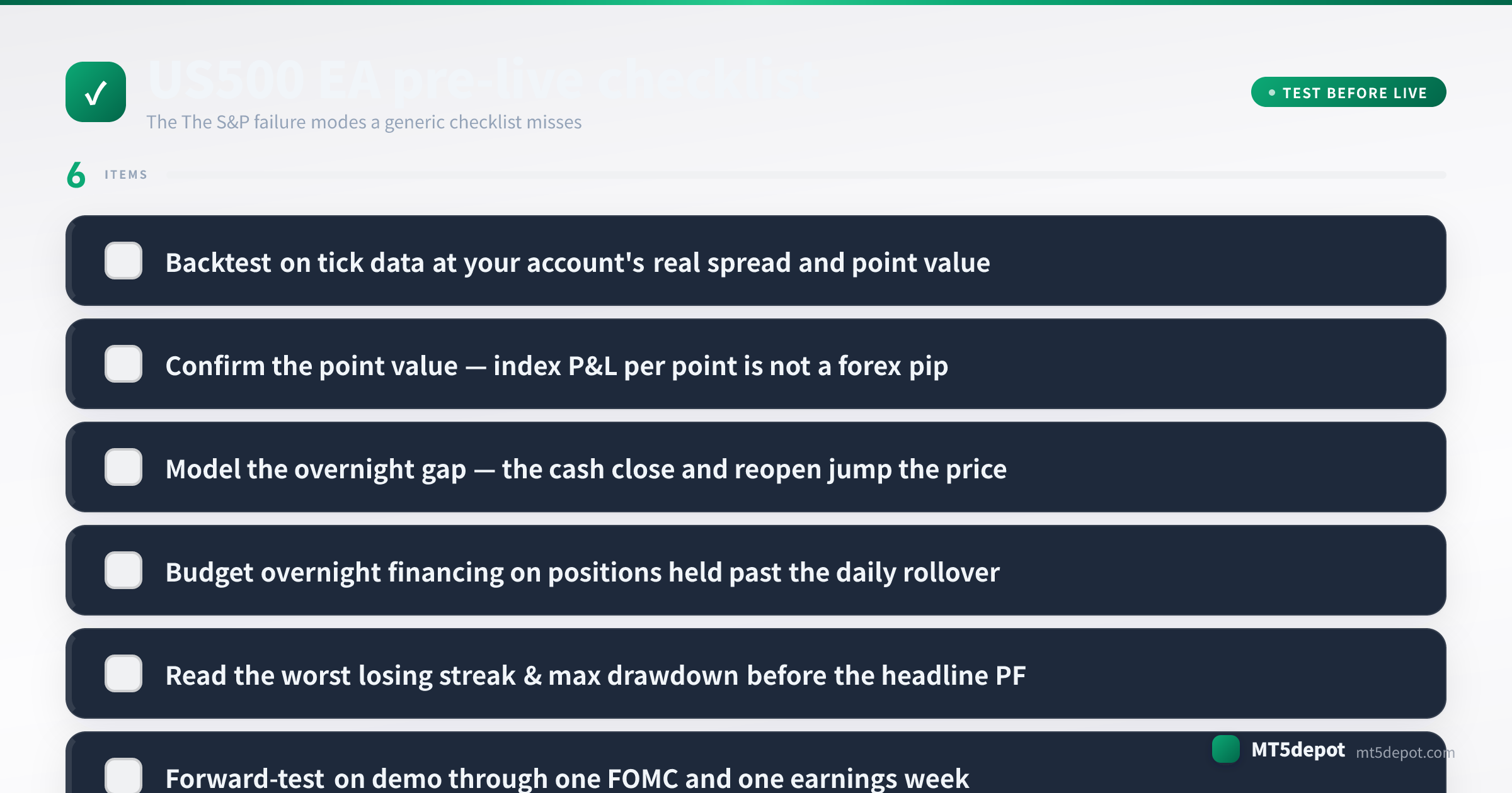 Pre-live checklist for a US500 EA covering tick-data backtest, sizing, session filter and drawdown