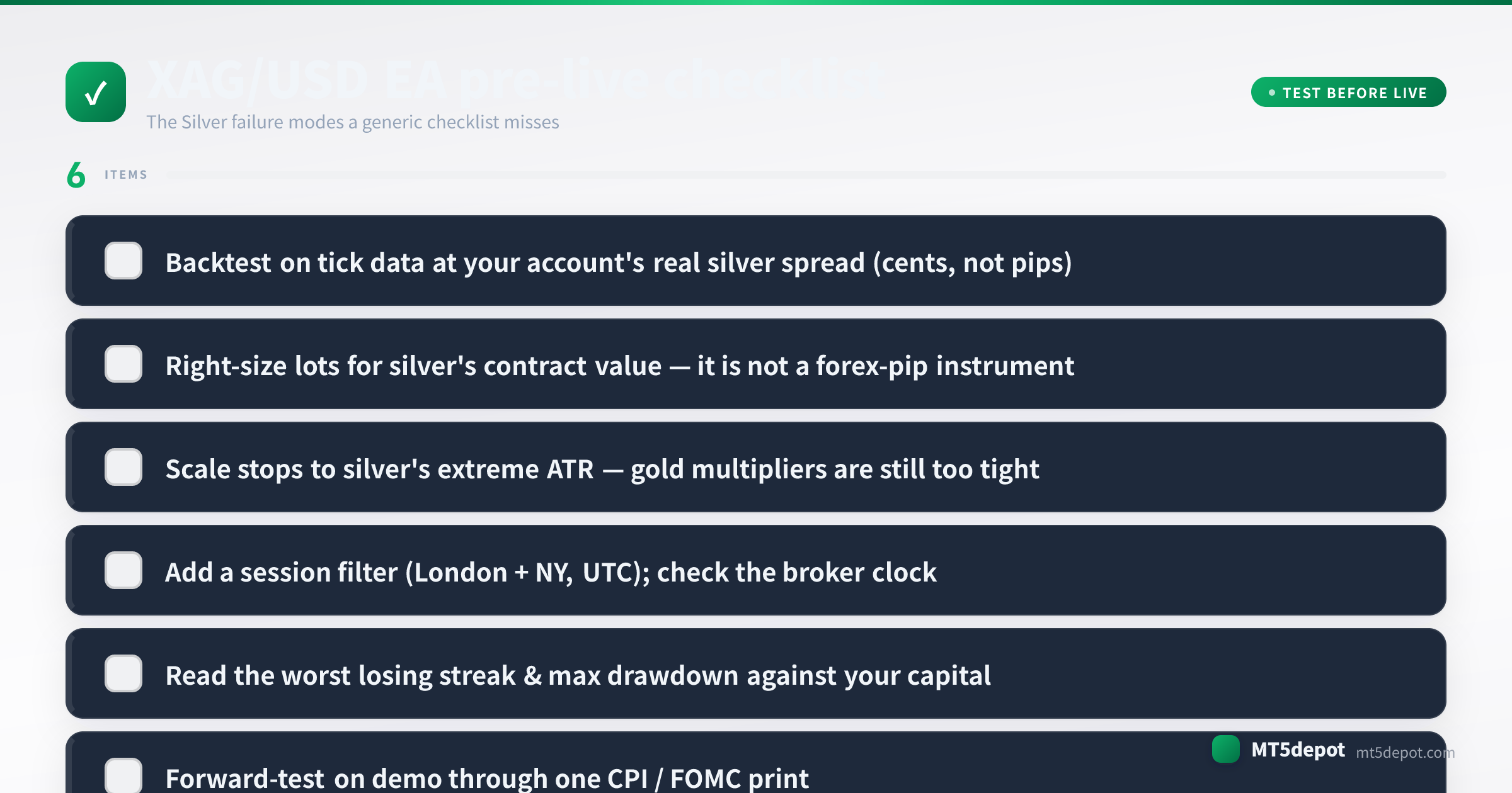 Pre-live checklist for a XAG/USD EA covering tick-data backtest, sizing, session filter and drawdown