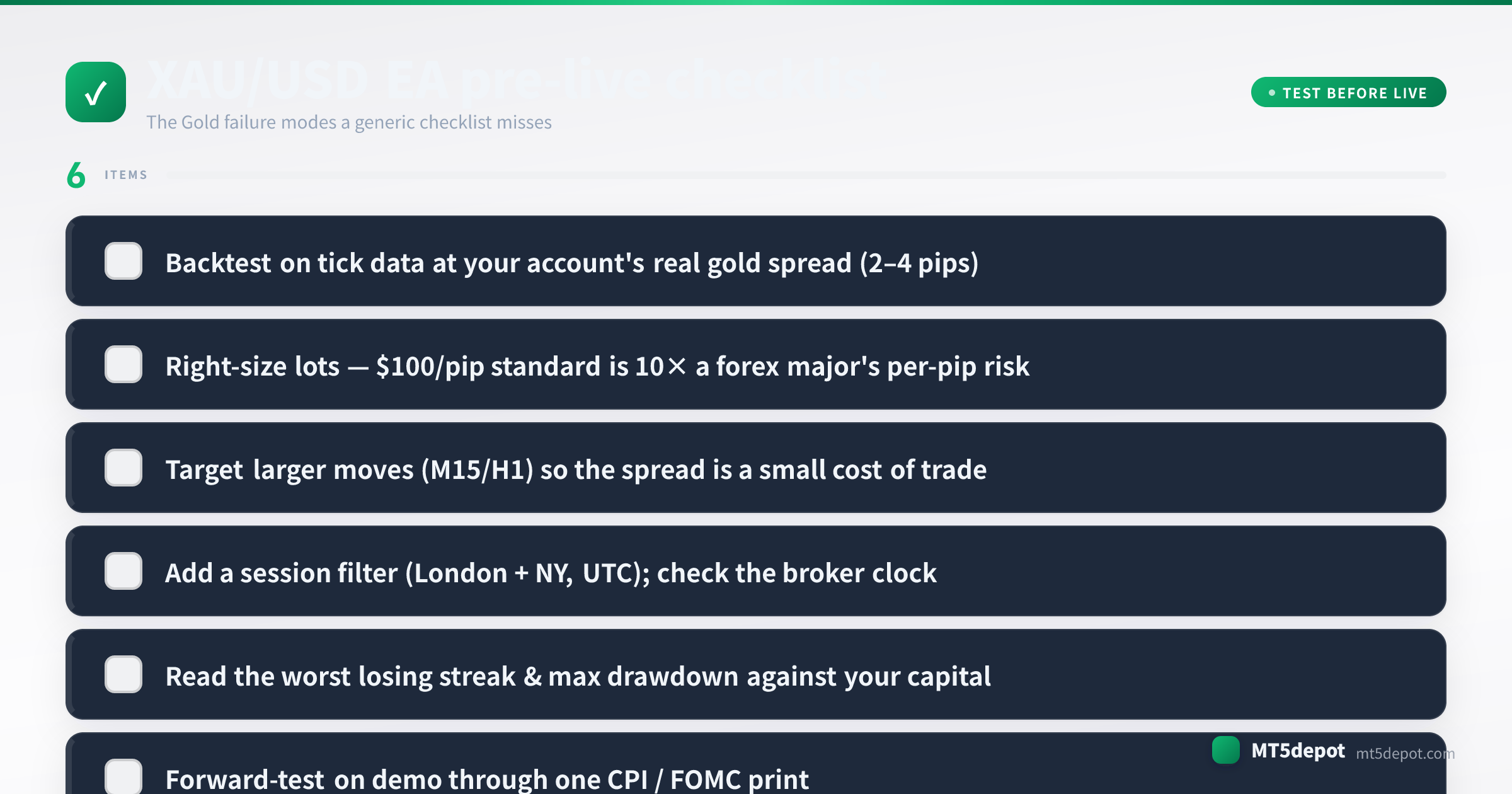 Pre-live checklist for a XAU/USD EA covering tick-data backtest, sizing, session filter and drawdown