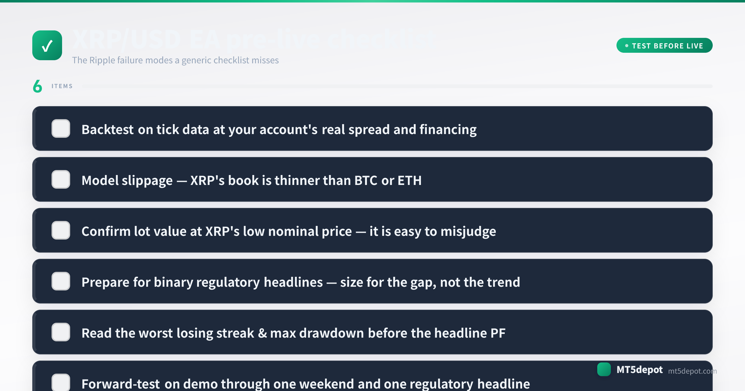 Pre-live checklist for a XRP/USD EA covering tick-data backtest, sizing, session filter and drawdown